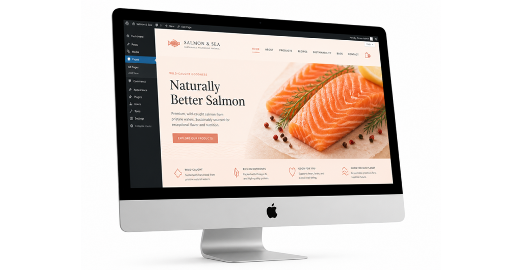 Pantalla de iMac con el diseño de una web de alimentación sencilla en WordPress