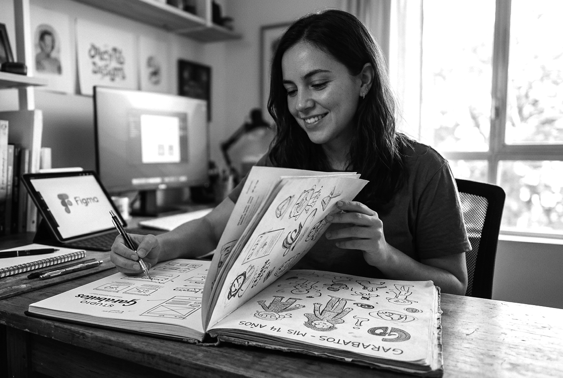 Vanesa en el estudio con el gran libro visual de su trayectoria