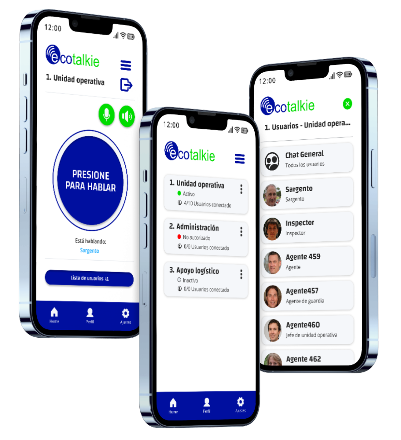 tres pantallas de la app ecotalkie