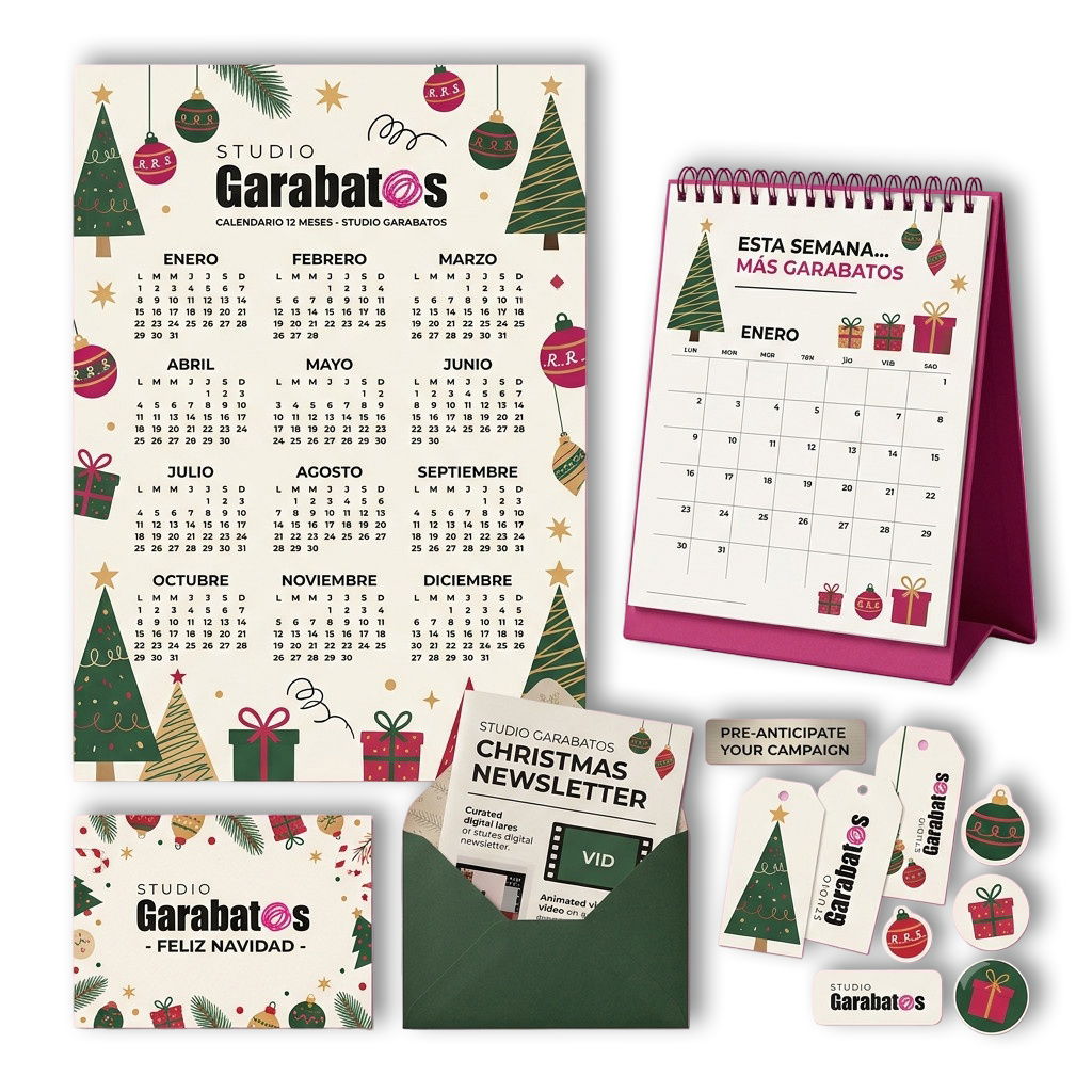 diseño de calendario con peana y espiral, diseño de calendario 12 meses, diseño de postal de navidad, diseño de newsletter, diseño de etiquetas de navidad