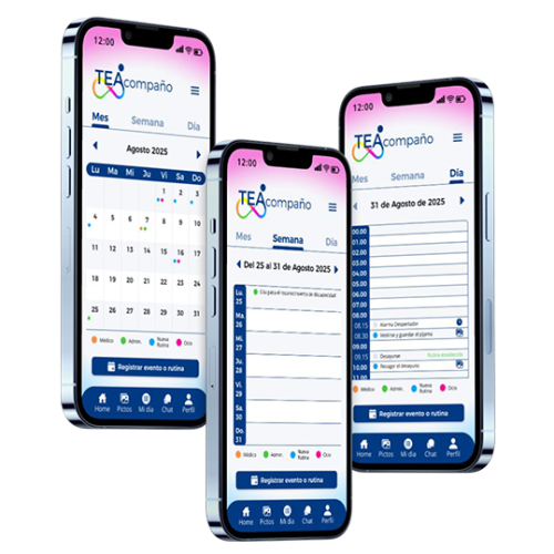 Tres pantallas de prototipo en figma con el Calendario mensual, semanal y diaria para la App autismo
