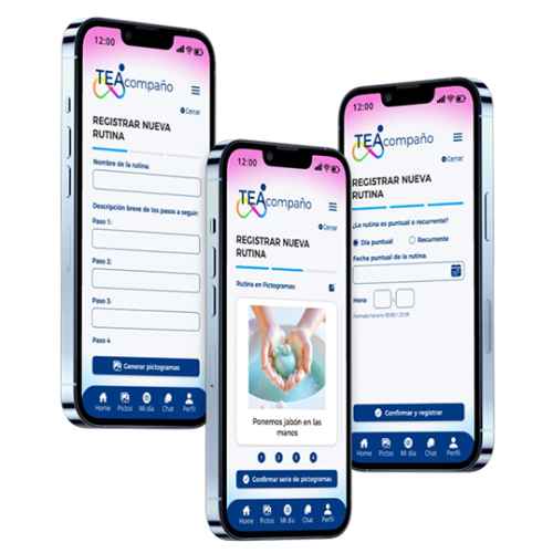 Tres pantallas de la App Móvil donde se ve el registro de rutinas, su aplicación mediante pictogramas y la programación en el calendario